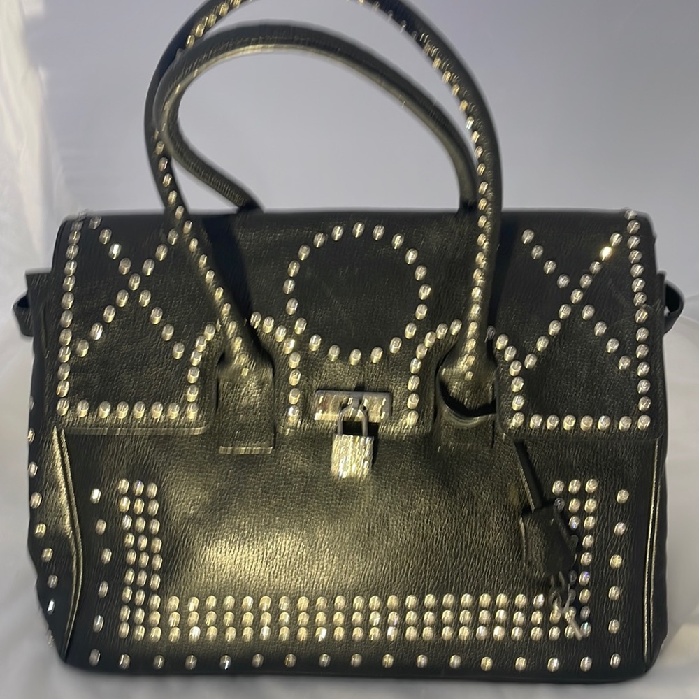 Black  leather hand bag crystal studded , wide Brief case style with lock & Key